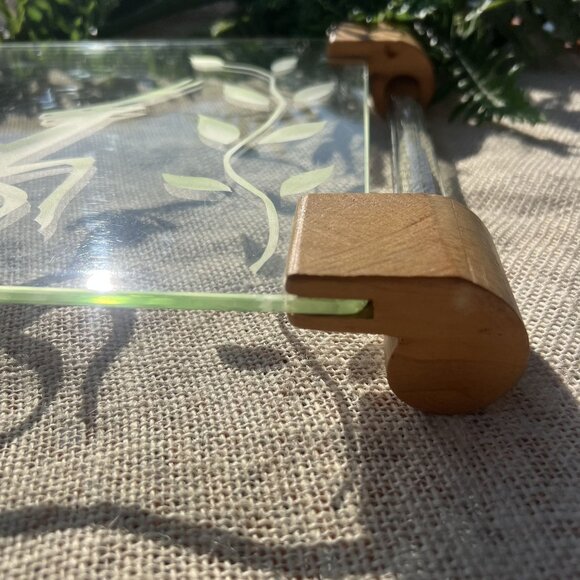Vintage Unique 1970's Boho MCM Etched Glass Serving Tray With Deer Design & Wood - Picture 7 of 9